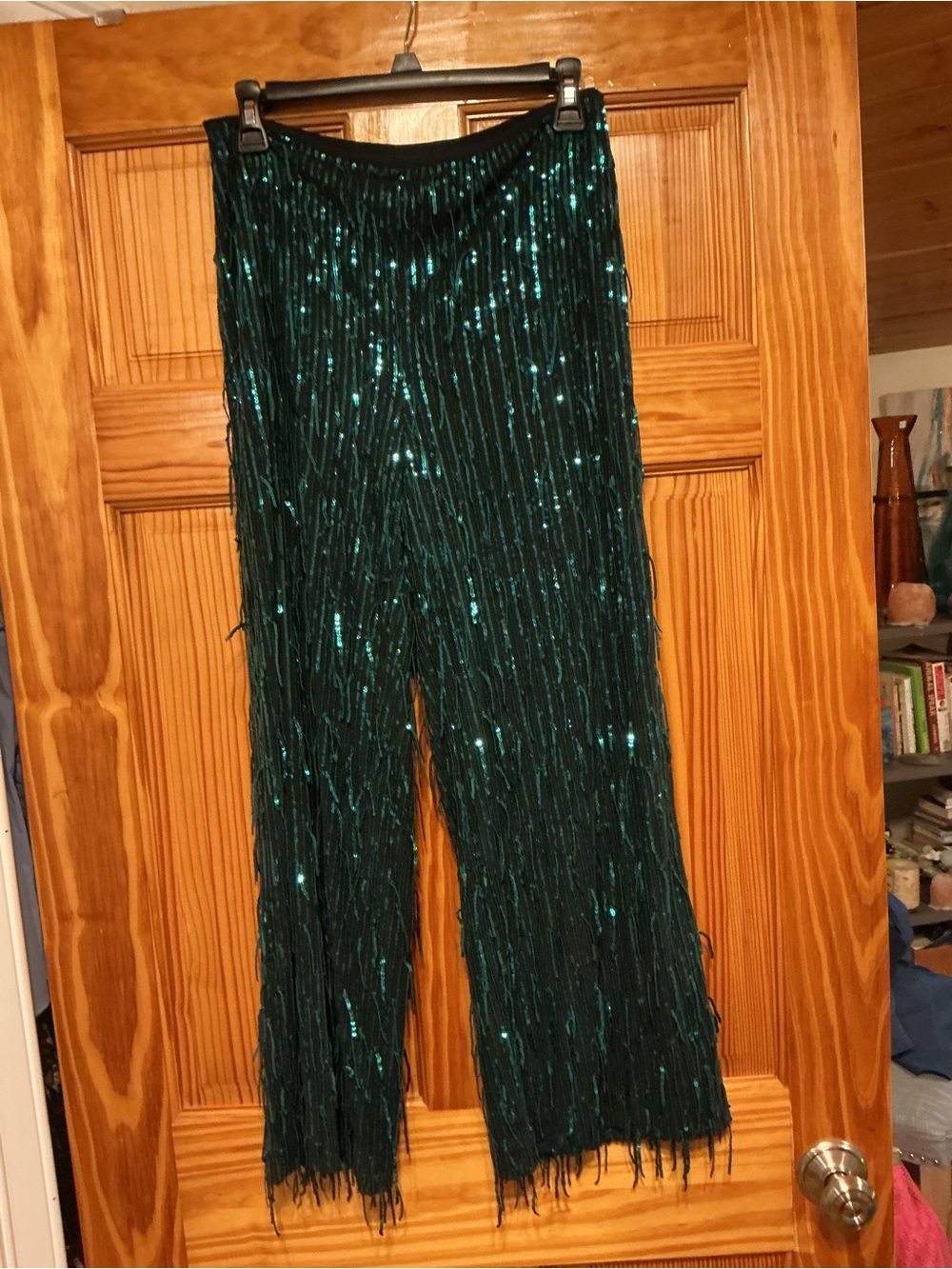 Anthropologie Emerald Green Sequin Fringe Wide-Leg Pants